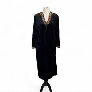 Cinema Etoile House Dress Black Velvet Leopard Trim Zip Front M/L Maxi Gown